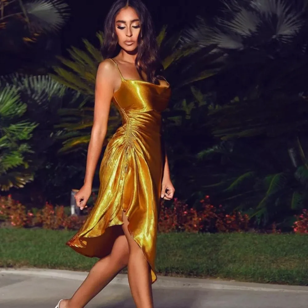 Gold satin dress, size small. Fits like a an XS - Picture 2 of 7